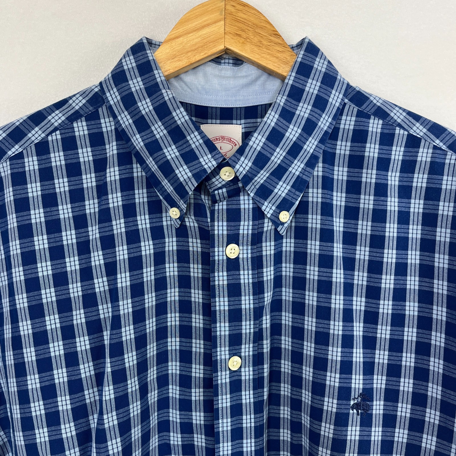 Brooks Brothers 346 Mens L Shirt Blue Plaid Long Sleeve Button Down Embroidered
