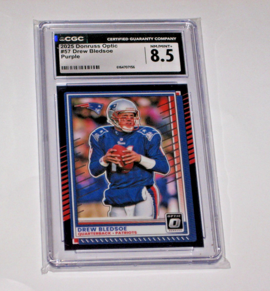 Drew Bledsoe 2025 Donruss Optic #57 Patriots 21/60 Purple Prizm CGC 8.5 Patriots