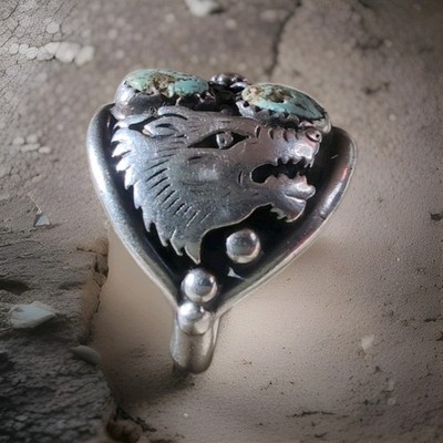 Heavy Sterling Silver Turquoise Wolf Ring Sz 11.5 FC Designer Statement