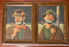 Vintage 70's EMMETT KELLY Sad Hobo CLOWNS Paintings Pair Wall ART Weary Willie