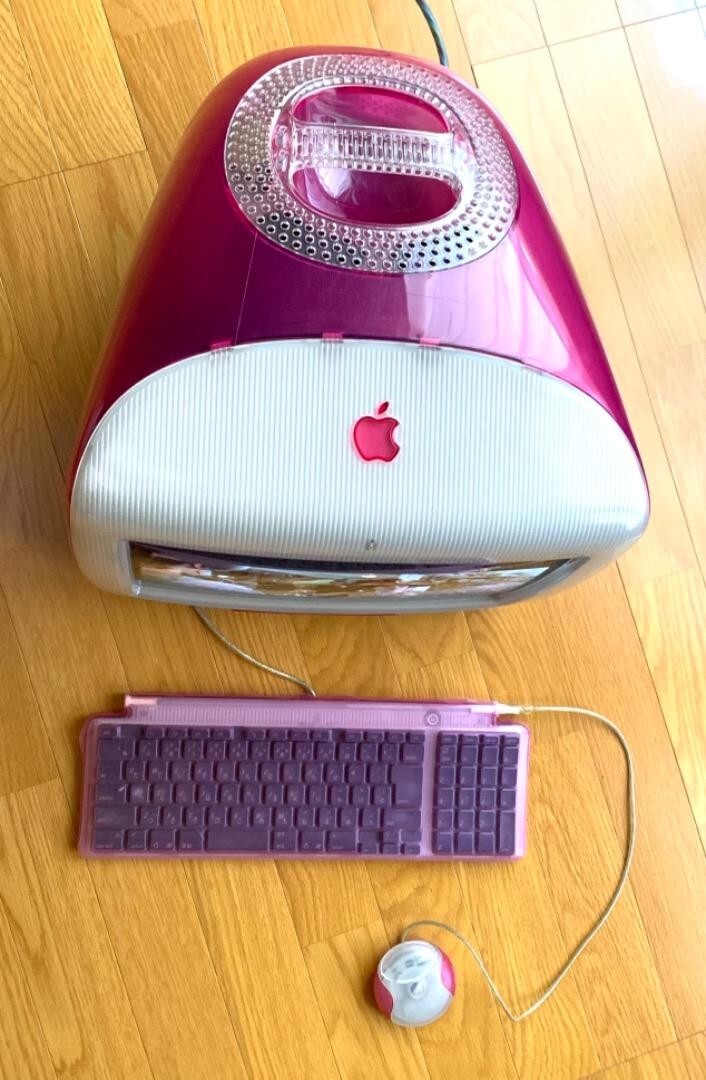 初期iMac DVストロベリー、本体とキーボード・マウス付き Apple iMac DV strawberry Vintage Cathode Ray Tube Retro PC Working
