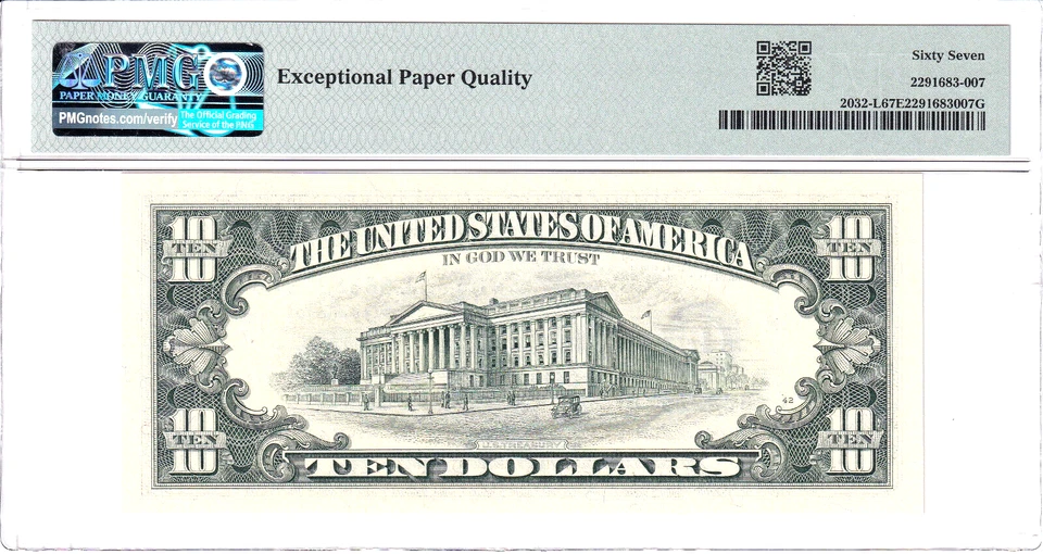 1995 $10 FRN San Francisco PMG Superb Gem Uncirculated 67EPQ #L68882157B - Image 2 of 2