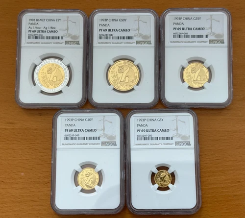 China 1993 Full Gold and Bi-Metallic Panda 5 Coin Proof Set NGC PF69UC
