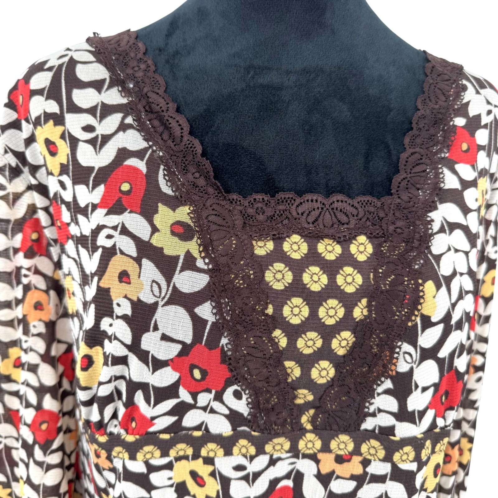 Apt 9 Y2K Babydoll Top Women 2X Floral Empire Waist Boho Lace Trim Brown Vintage