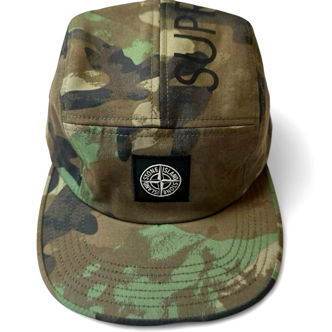 Supreme x Stone Island Raso Gommato Cover Nero Camp Cap Woodland Camo FW14
