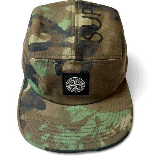 Supreme x Stone Island Raso Gommato Cover Nero Camp Cap Woodland Camo FW14