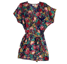 VTG 1980s Satin Robe Floral Multicolor S/S Womens M Belt USA California Miss
