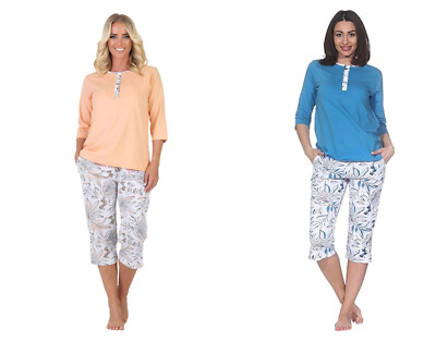Damen Capri-Pyjama mit Knopfleiste 3/4 Arm Hose Blumen Allover 73512