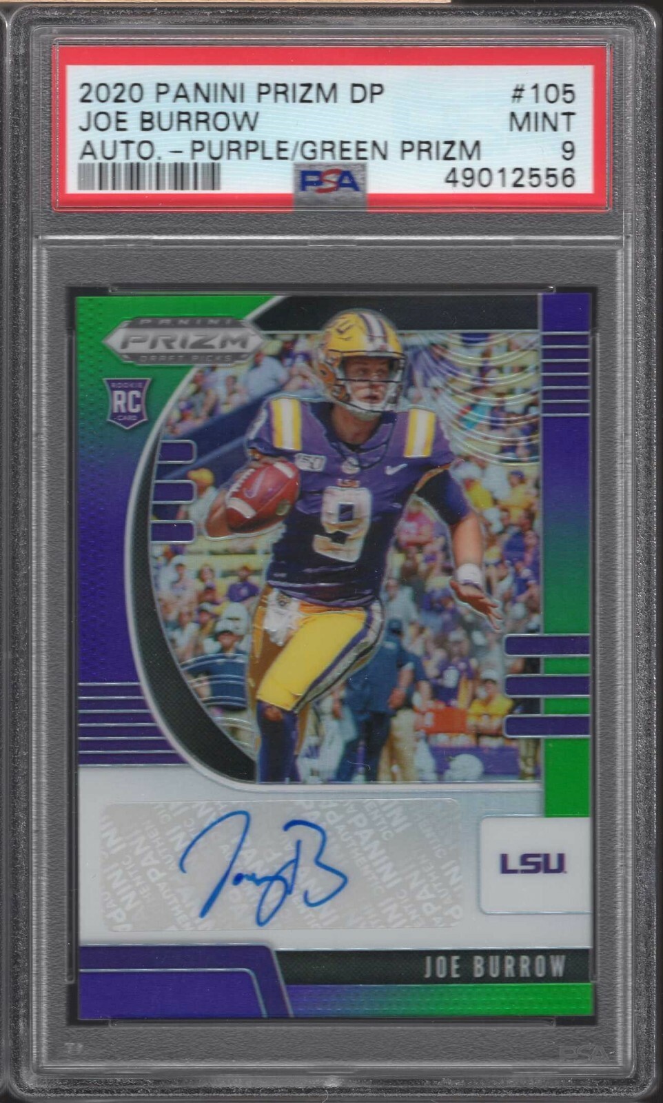 2020 JOE BURROW PANINI PRIZM DP PURPLE/GREEN PRIZM AUTO RC /149 PSA 9 #105