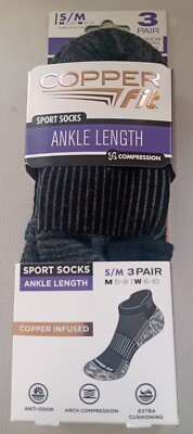 COPPER FIT SPORTS SOCKS ANKLE LENGTH SIZE S/M COLOUR BLACK X 3 PAIR ...