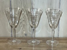 Set 3 Vtg Optic Ribbed Etched Cut Branches Wine Goblets 10oz 8” Tall EUC