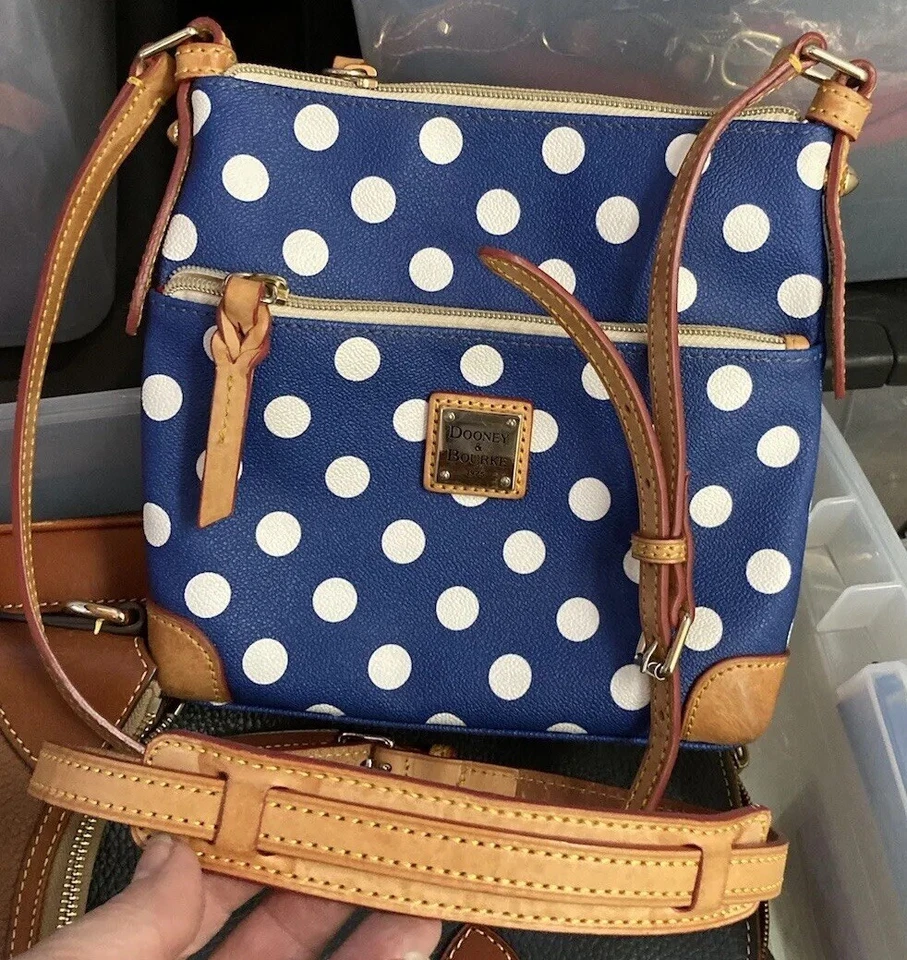 Dooney Bourke Blue White Polka Dot & Leather Crossbody Letter Carrier Bag - Image 4 of 4