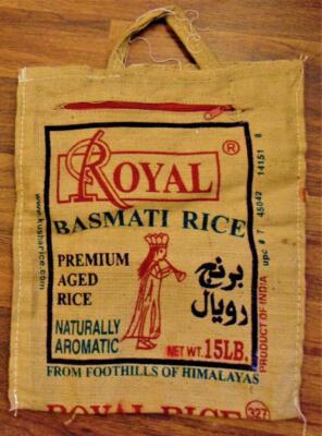 Royal Basmati Aged India Rice Burlap Bag 15# Handle Zipper Logo Tote EMPTY