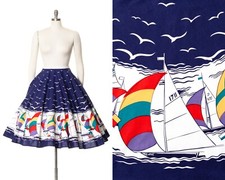 Vintage 1970s does 1950s Sailboat Birds Novelty Border Print Cotton Circle Skirt