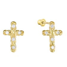 14K Real Solid Gold Cubic Zirconia Cross Sleeper Studs Earrings Screw-back