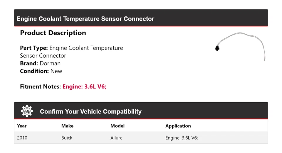 For 2010 Buick Allure 3.6L V6 Dorman Coolant Temperature Sensor Connector - Image 2 of 4