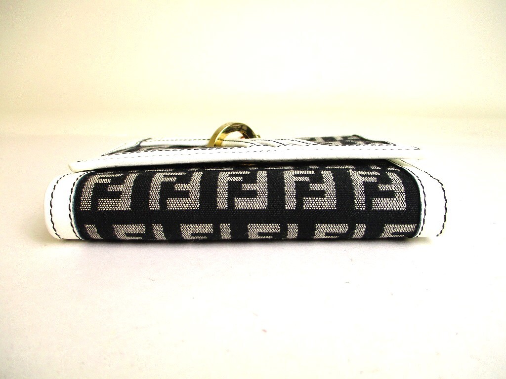 Auth FENDI Zucca Canvas White Leather Bifold Wallet Compact Wallet