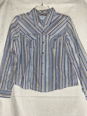Periscope Womens Snap Button Up Shirt Sz L 100% Cotton Blue Striped