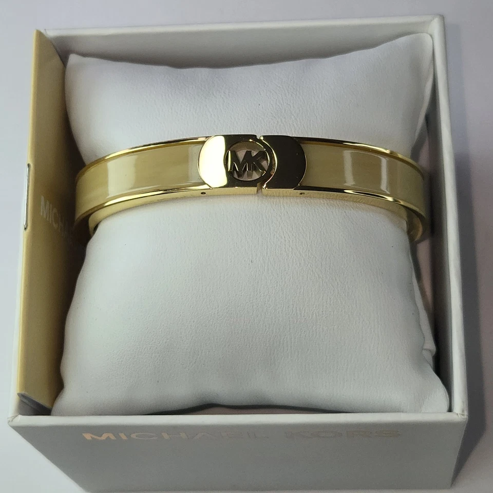 NUEVO Brazalete Brazalete Michael Kors Tono Dorado Logo Cuerno Esmalte Bisagra con Caja Foto 3 de 4