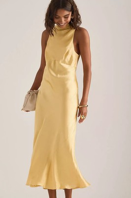 By Anthropologie Milly Satin hochgeschlossenes Midikleid Gr. UK 14 goldgelb