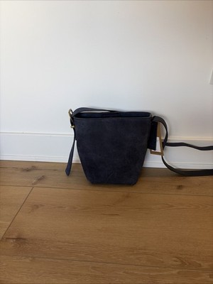 Margot New York Kaye Mini Bucket Tote Suede Minimalist Bag Navy Purse NWT