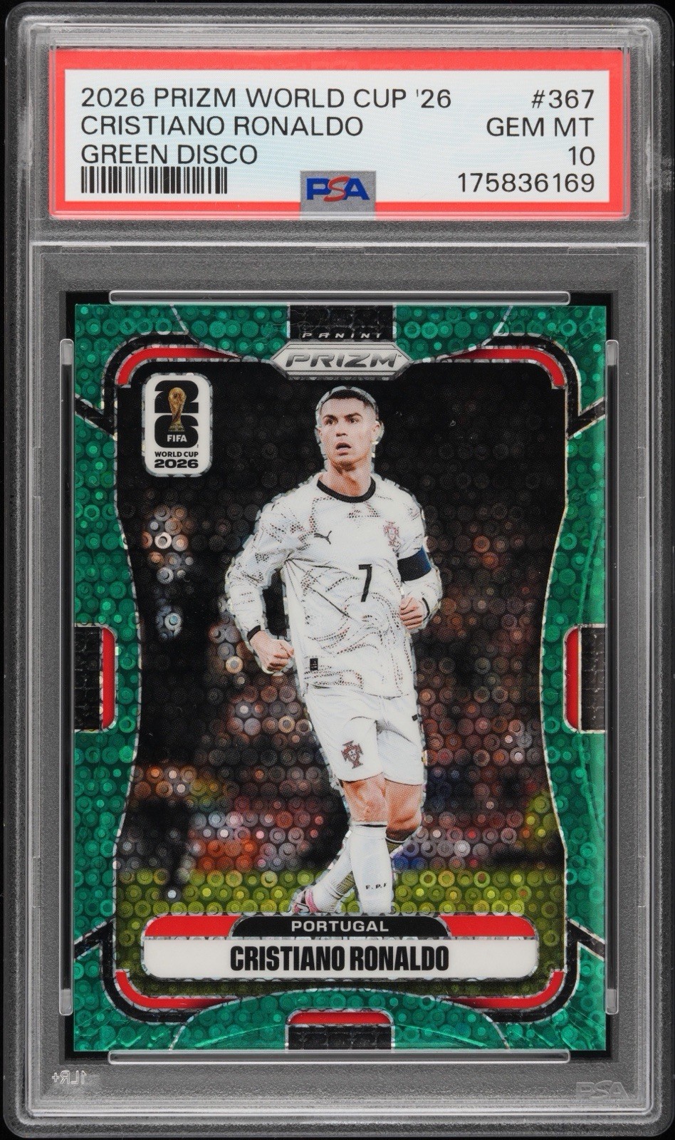 Panini 2026 Prizm FIFA World Cup Cristiano Ronaldo Green Disco #367 /5 PSA 10 view 1