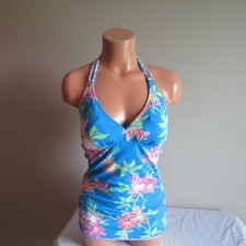 Tommy Bahama Sun Lilies Reversible Halter Tankini Swim Top Azure Blue S NWT