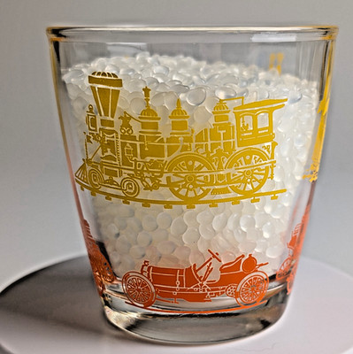 HAZEL ATLAS Sour Cream Glass Steamboat Train Trolley Cars Yellow Orange Vintage