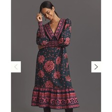 Farm Rio Anthropologie Sz XL Puff-Sleeve V Neck Midi Maxi Dress Dark Floral