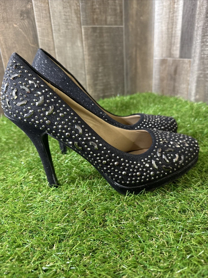 Delicacy Black Heels Size 9 Sparkly Rhinestone High Heel Dress Shoes Formal - Image 4 of 4