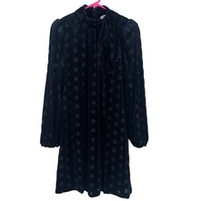 CALVIN KLEIN Dress Size 8 Plush Velvet Polka Dot Bow Tie Neck Blue Cocktail