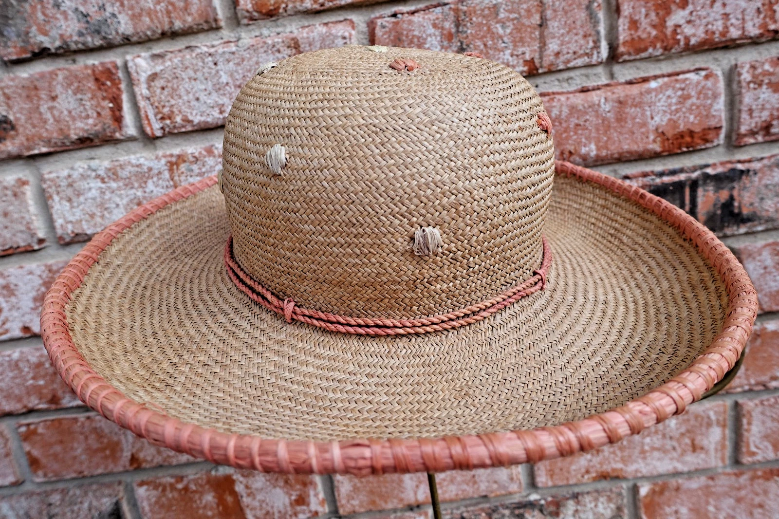 Fab Helen Kaminski 100% Raffia Hat Tan Womens Wide Brim Sun Polka Dot Crown Med
