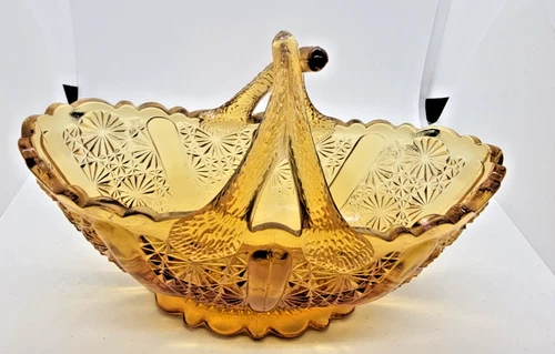 VINTAGE Antique Fenton Glass Daisy & Button Split Twig Handle Amber Basket