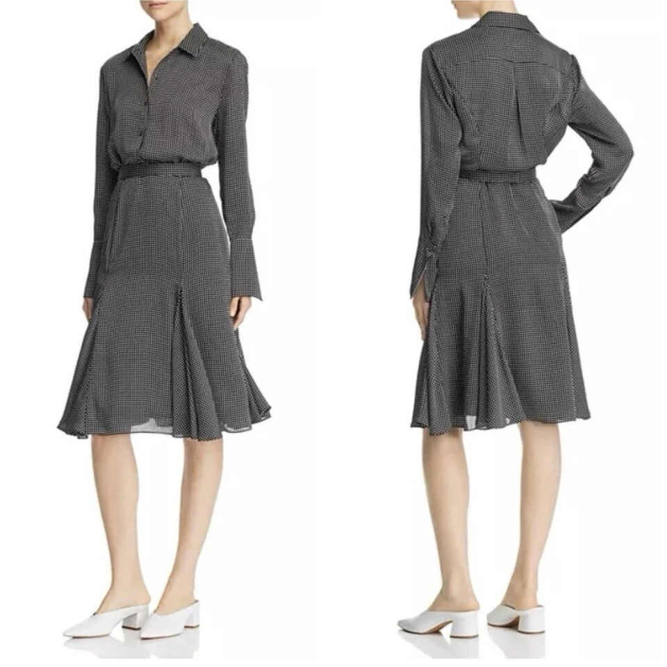 Equipment Bancort Grid Printed Midi Dress Sz 10 Black Satin Long Sleeves Check - Image 2 of 4