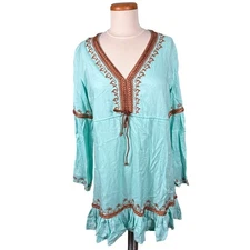 Moda International Women's Large Green Embroider Long Sleeve Ruffle Tunic Dress