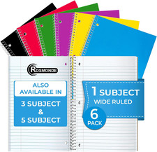 1 Subject Notebook Wide Ruled, 6 Pack, 70 Sheets 140 Pages , 8 x 10-1/2, 3 Hole