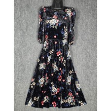 Eliza J Black Floral Velvet Midi Dress Puff Sleeve Evening Party Cocktail Sz 0