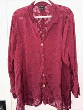 Citron Santa Monica Womens Top Size XL Red Floral SemiSheer Blouse Long Sleeve