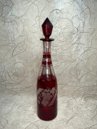 Antique Egermann Bohemian Czech Ruby to Clear Glass Castle Tower Decanter - Picture 2 of 12
