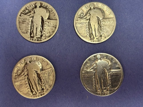 4 Standing Liberty Quarters 90% Silver 3-1927 and 1-1925 Dates Visible