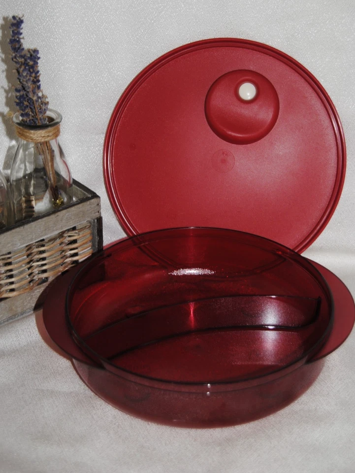 🌟 TUPPERWARE Boite Micro Onde Ronde Rouge Assiette Crystal Wave 330 ml + 240 ml - Photo 2/3