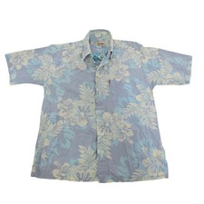 Hei Tahiti Mens Blue Hibiscus Floral Cotton Hawaiian Aloha Shirt Medium