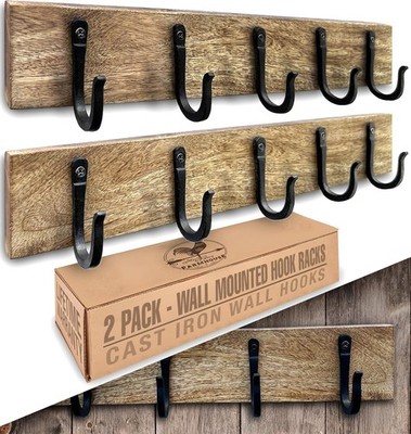 Cast Iron Spike Hooks (10 Hooks) Mounted on Two Natural Hardwood Boards (2 Pack)