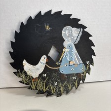 Vintage Hand Painted Circular Saw Blade Wall Art Girl Walking Her Duck/Goose 7  