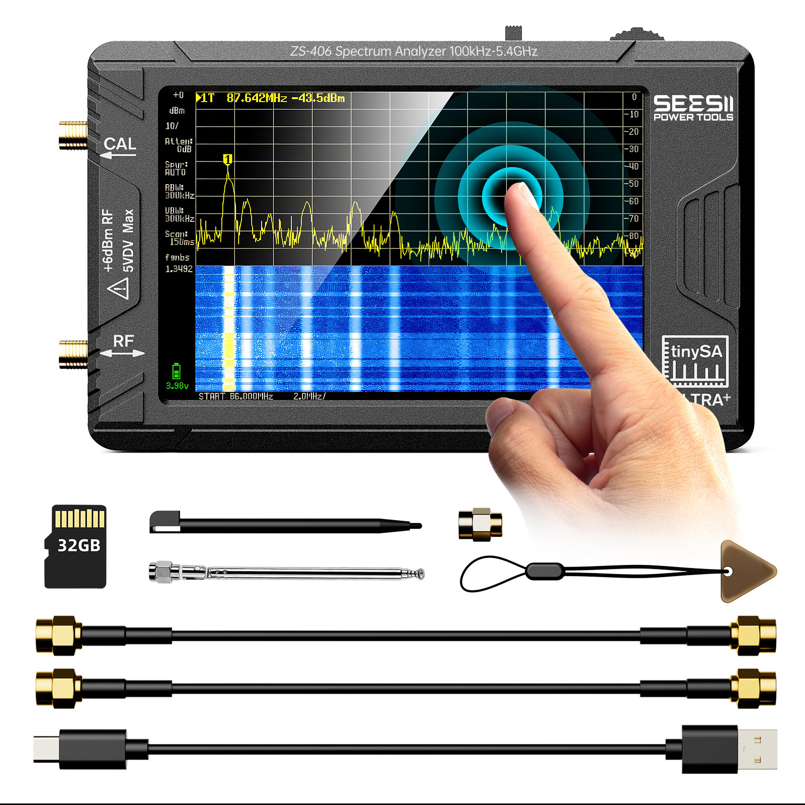 Seesii TinySA Ultra Spectrum Analyzer 4"" 100kHz-5.4GHz MF/HF Frequency Analyzer