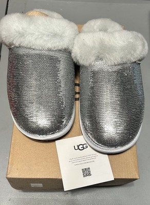UGG SILVER SCUFFETTE II MIRROR BALL SHEEPSKIN SLIPPERS, WOMEN US 7/ EUR 38 ~NIB