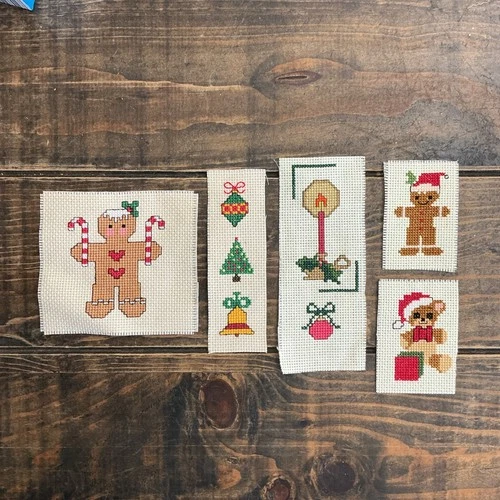 Lot Of 5 Completed Mini Cross Stitches Christmas Themed Gingerbread Man, Bells