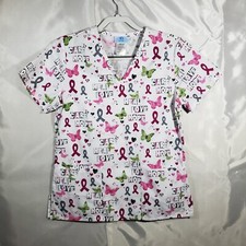SB Scrub V-Neck Scrub Top Care Hope Love Hearts Butterflies Pink 3 Pocket Sz XS