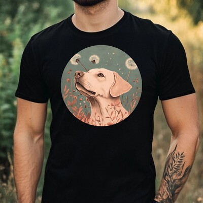 Mens Labrador Dandelion Print Cotton T-Shirt Size XS to 5XL