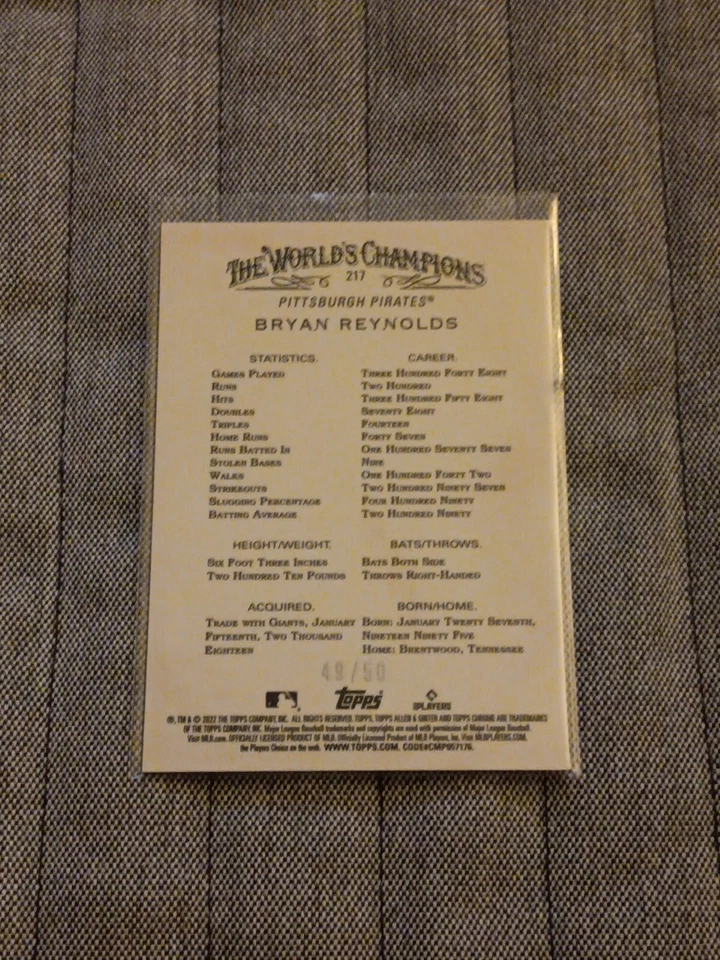 2022 Topps Chrome Allen & Ginter Bryan Reynolds Gold Refractor 49/50 - Image 4 of 4